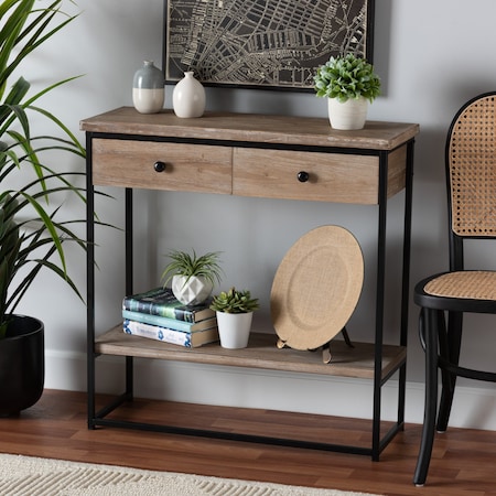 Baxton Studio Silas Modern Industrial Natural Brown Finished Wood and Black Metal 2Drawer Console Table 221-12491-ZORO